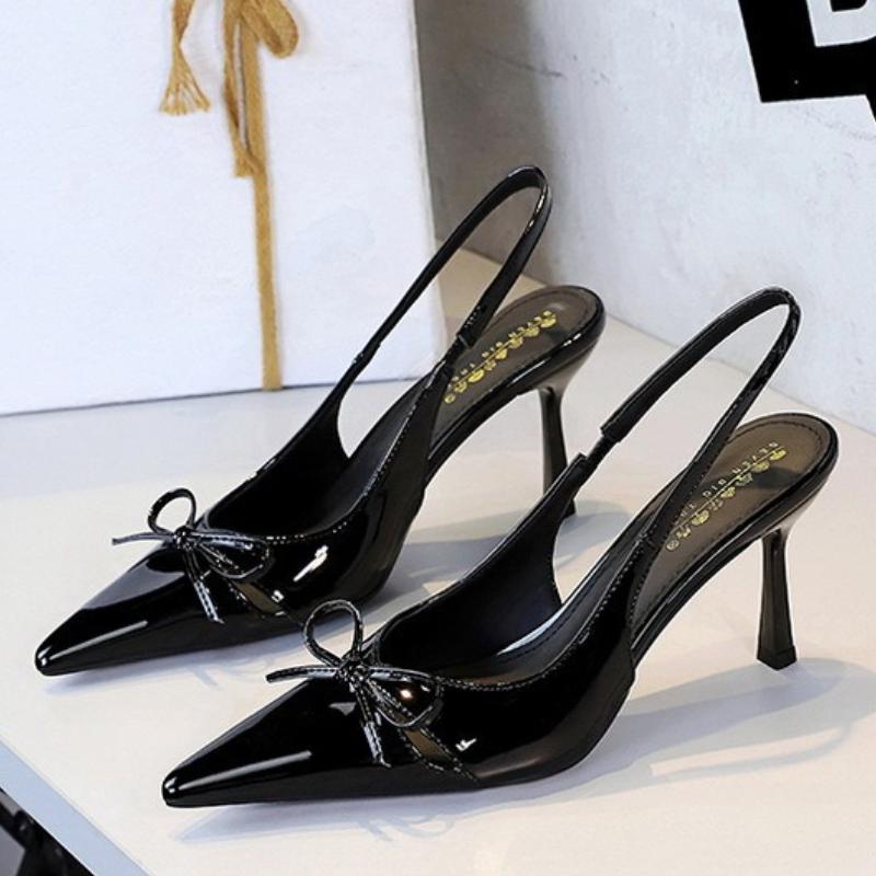 Fashion 2025 Summer Thin Heels Pumps Patent Leather Pointed Fashion Slipper Butterfly Knot Elegant Sandals Mules Shoes Zaptos Mujer