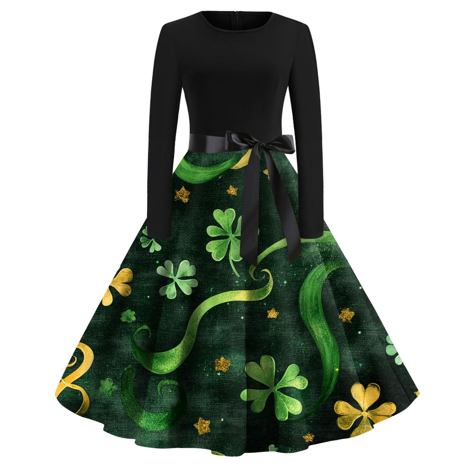 

Женская мода с круглым вырезом, повседневная, облегающая, St. Платье с длинными рукавами и принтом Патрика L зелёный