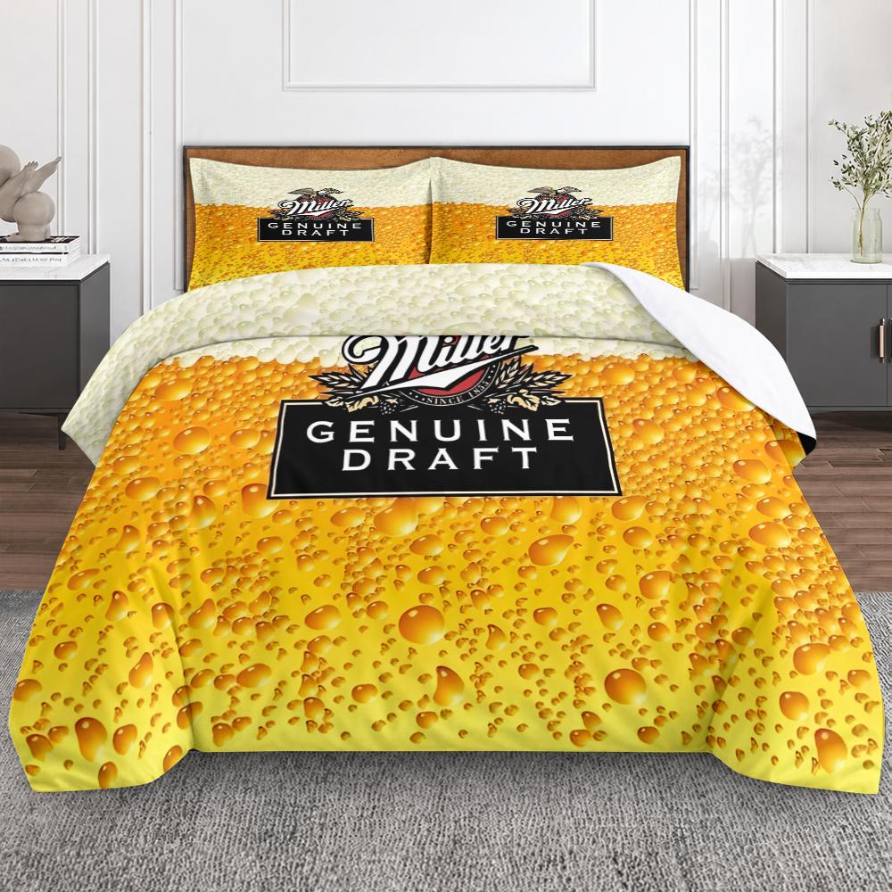Miller Genuine Draft Beer Foam 3 Piece Bedding Set, Golden Amber Duvet Cover Set for Men Bar Bedroom Decor Gift