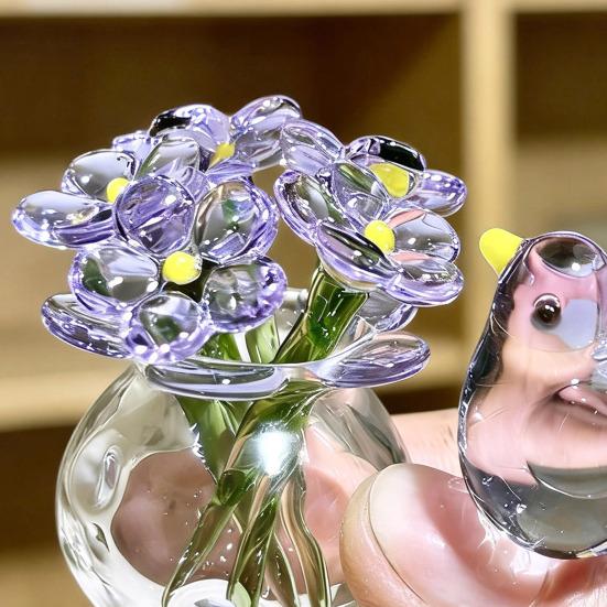 Niedliche Mini-Figur Blume aus Kunstkristall, mundgeblasenes Glas-Bouquet, Sammlerstück, kleines Blumenvasen-Ornament mit Biene/Vogel für Heim- und Büro-Tischdekoration