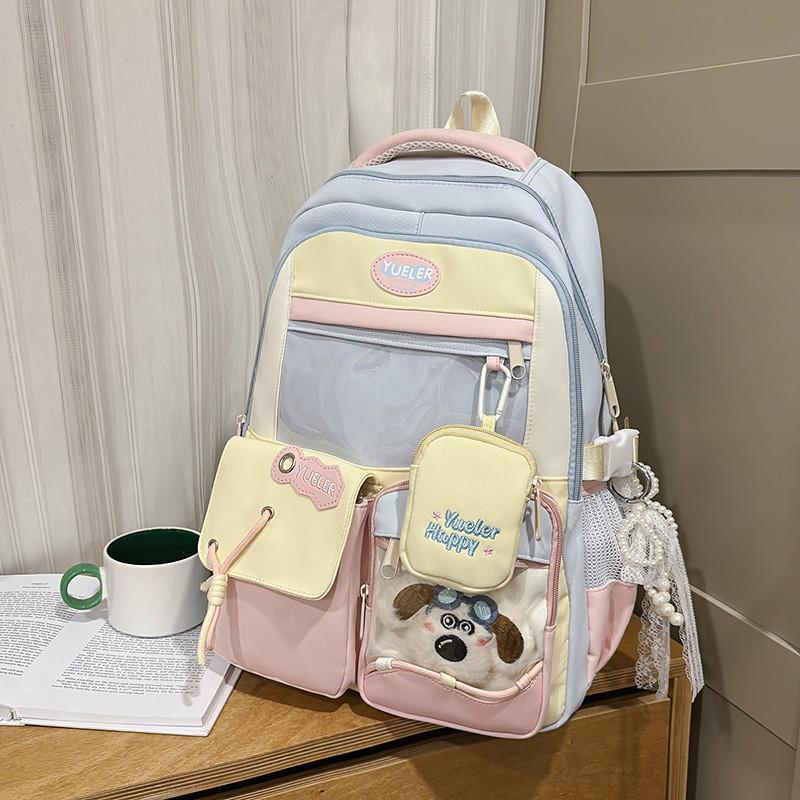 Blocked Color Sweet Letter Patter Student Backpack With Transparent Compartment