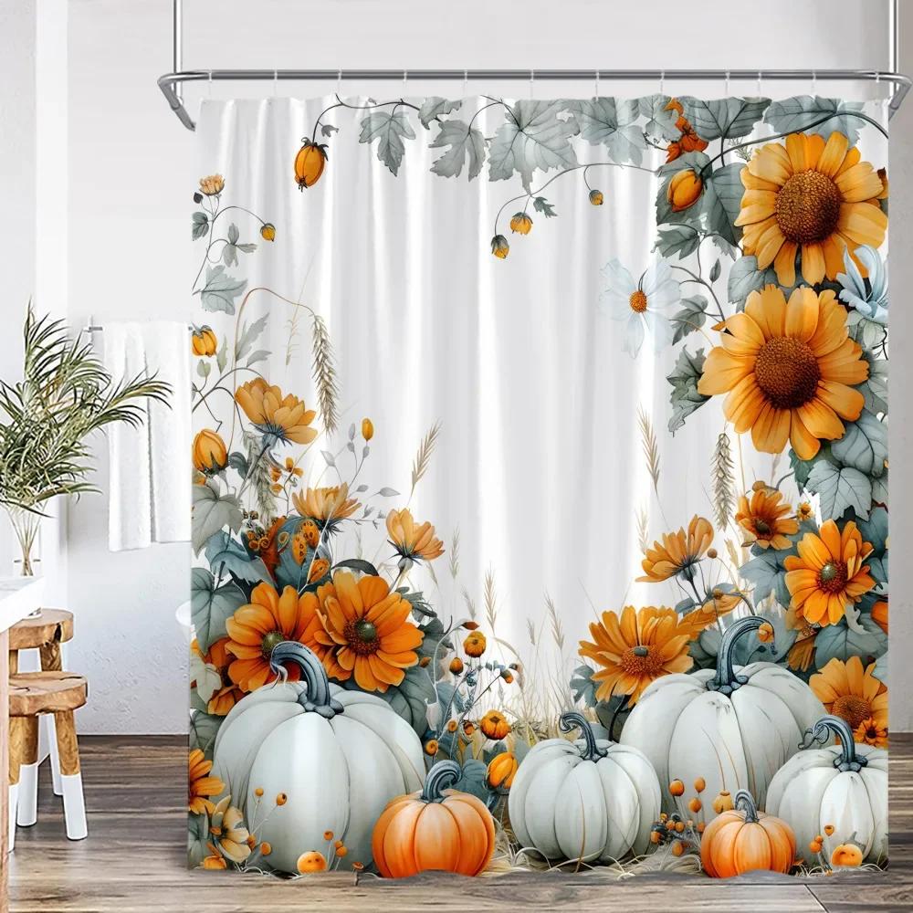 Cartoon shower curtain highland cattle harvest season pumpkin sunflower farmhouse bathroom decoration with hook shower curtain