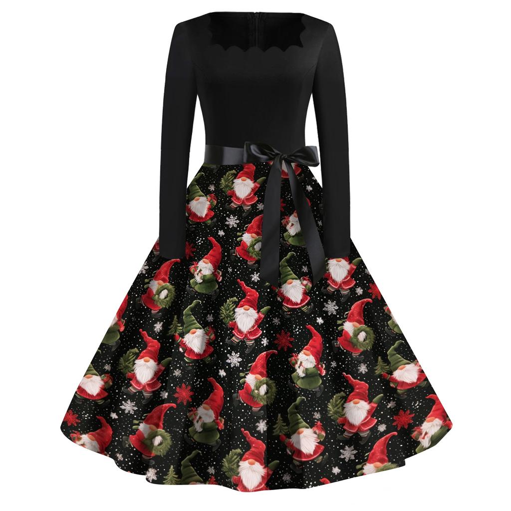 Women's Casual Fashion Christmas Print Square Neck Vintage Dress for Holiday Party