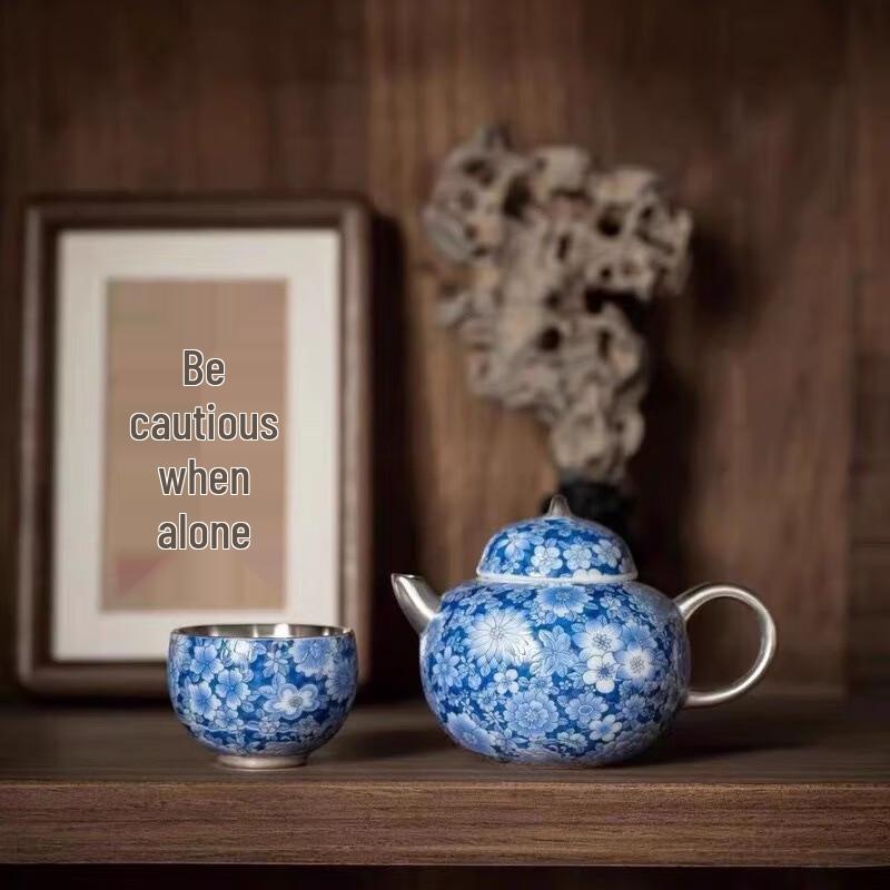 Chaxun Blue-and-white Enamel Gilded Silver Teapot & Master Cup Set