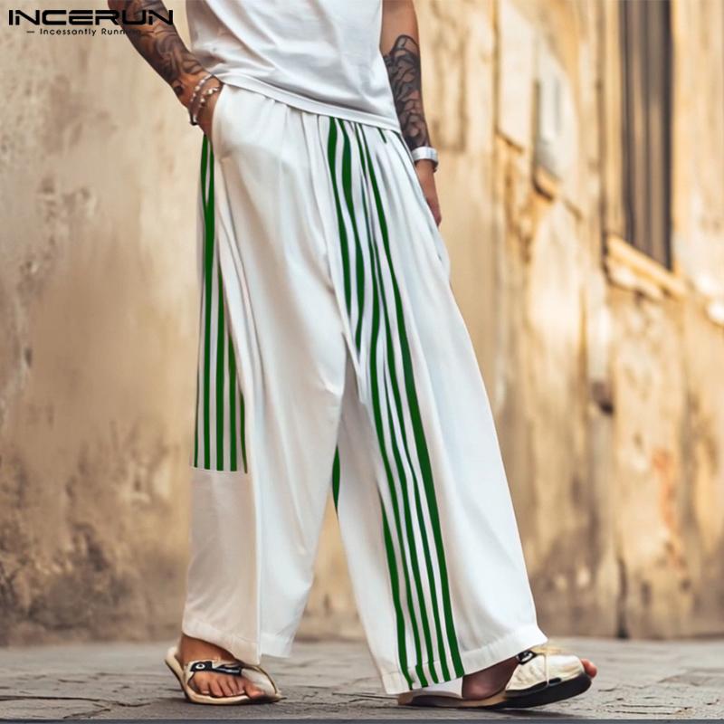 INCERUN Men Elastic Waist Striped Print Stitching Casual Wide Legs Pants Trousers