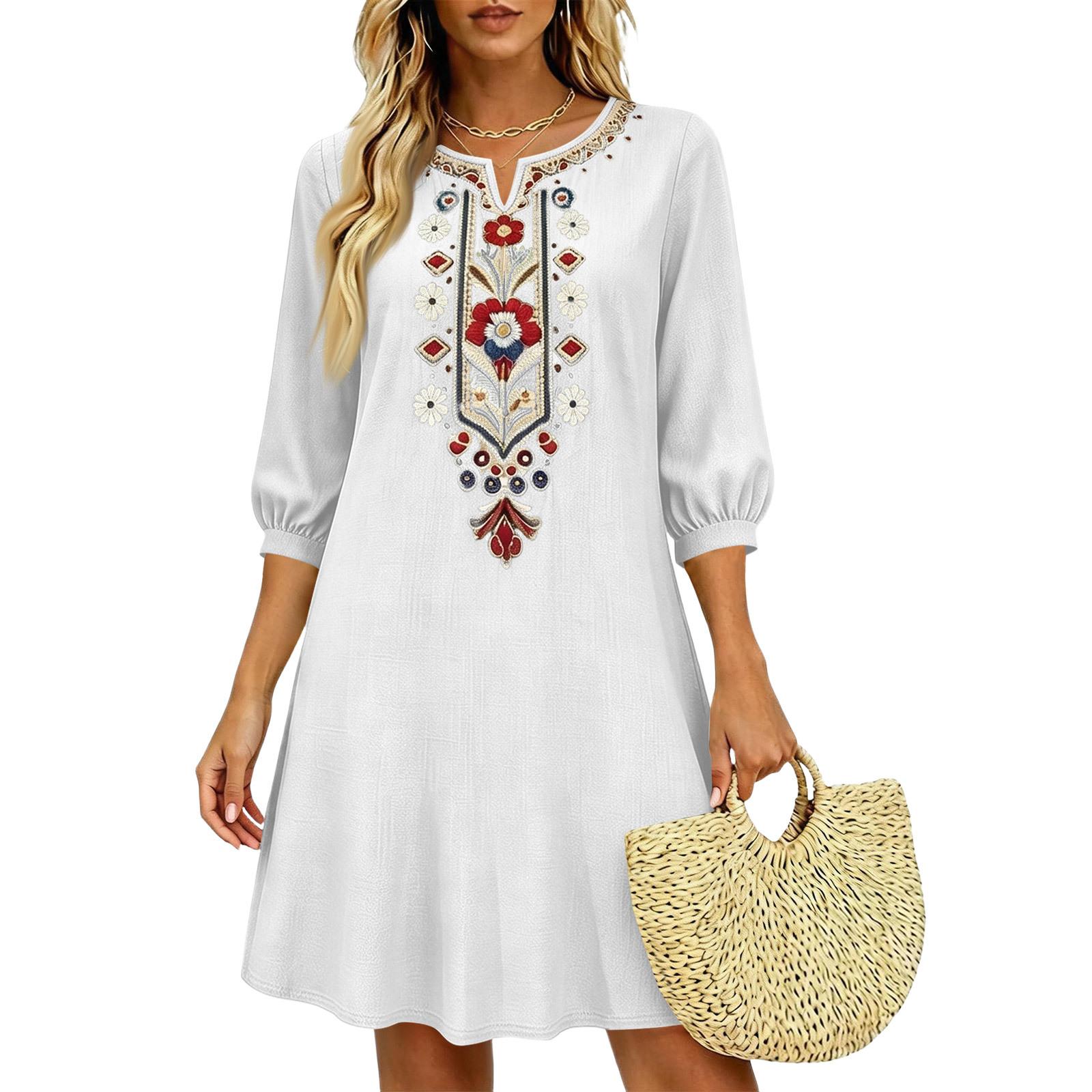 Women V Neck Short Sleeve Floral Embroidered Mini Dress Casual Boho Ethnic Summer Dress Rust Red S