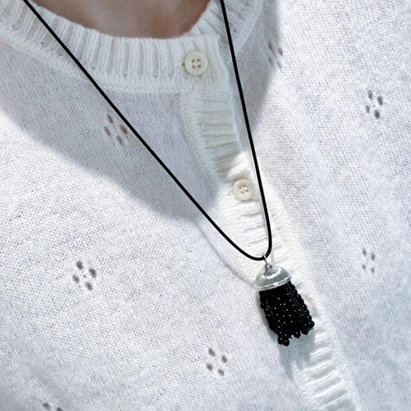 Beaded Fringe Adjustable Drawstring Necklace Featuring Leather Bead Design for Versatile Occasions and Gift Giving