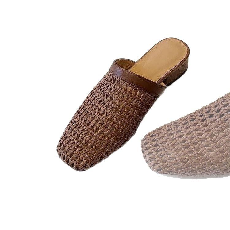 Soft Leather Version~ Simple Hand-woven Hollowed-out One-pedal Bag Head Shoes, Women's Low Heels, Comfortable and Cool Slippers