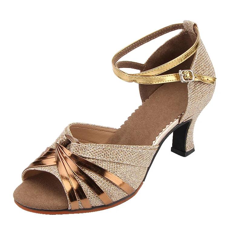 Women's Modern Dance Shoes Sequin Glitter Open Toe Ankle Strap Tango Ballroom Dancing Footwear Standard Waltz 5cm Heel