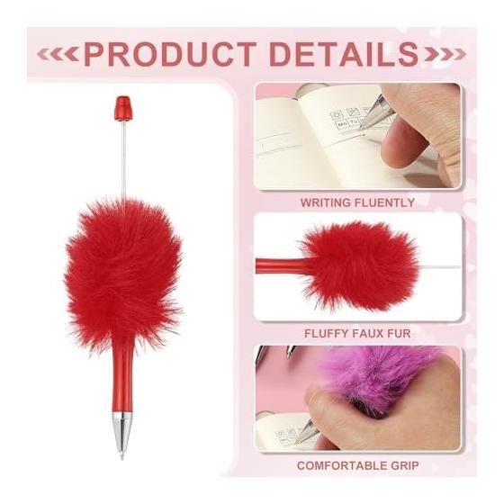 PATIKIL Fluffy Beads Pen, Plush Faux Fur Plastic Bead Ballpoint Pen for DIY Gifts, Writing, Office Supplies - 10 Pcs (Red)
