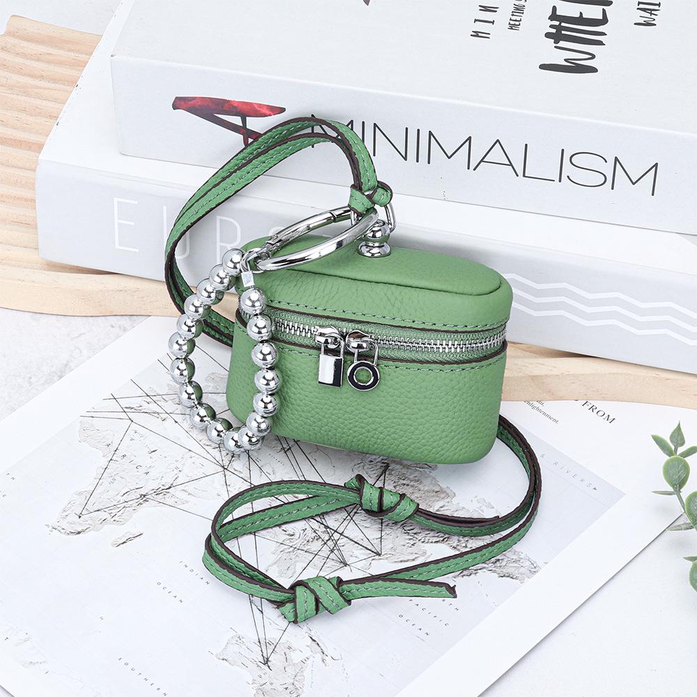 Top Grain Cowhide Bag Charm: Compact Coin Purse & Earphone Holder with Lanyard