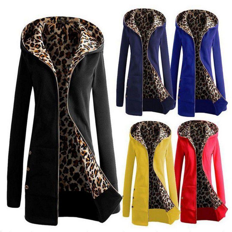 Zip Hooded Womens Coat Winter Warm Leopard Hoodie Parka Trench Jacket Outerwear