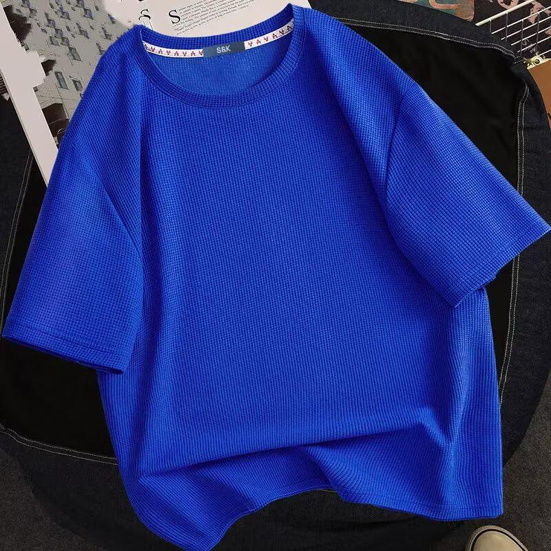 

Versatile Hong Kong Style Waffle Knit Loose Short Sleeve Men s T-shirt - Casual Solid Color for Couples 5XL ярко-синий