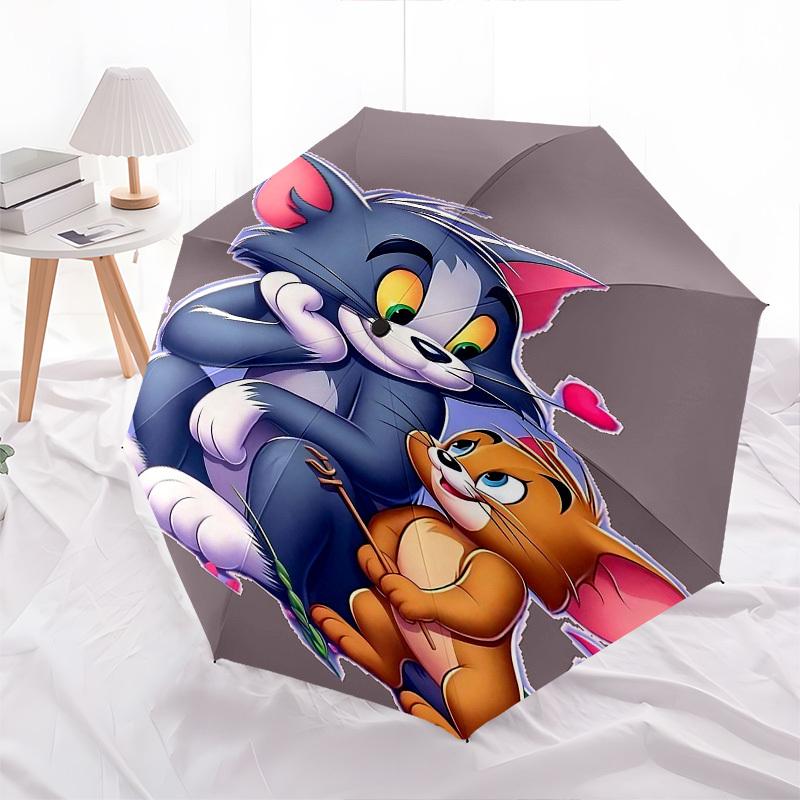 1pc Tom and Jerry Automatic Folding Umbrella - Compact 8-Rib Design, Durable Plastic & Iron1499L