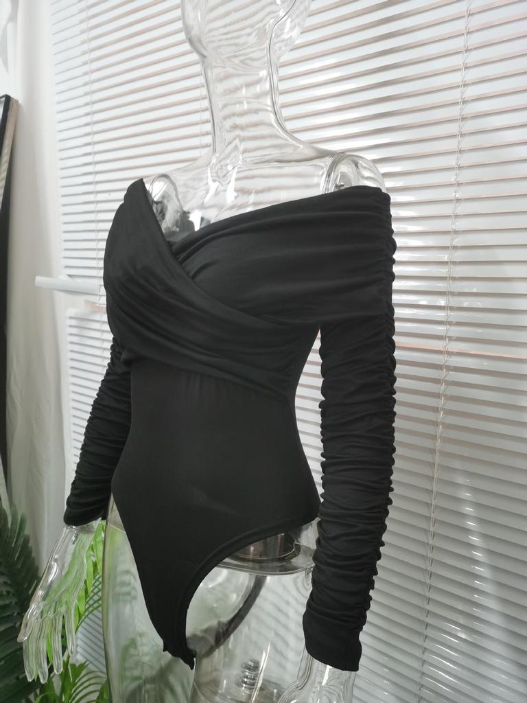 European and American Spring and Autumn V-neckline Shoulder Pleated Long Sleeved Tight Fitting Jumpsuit for Women