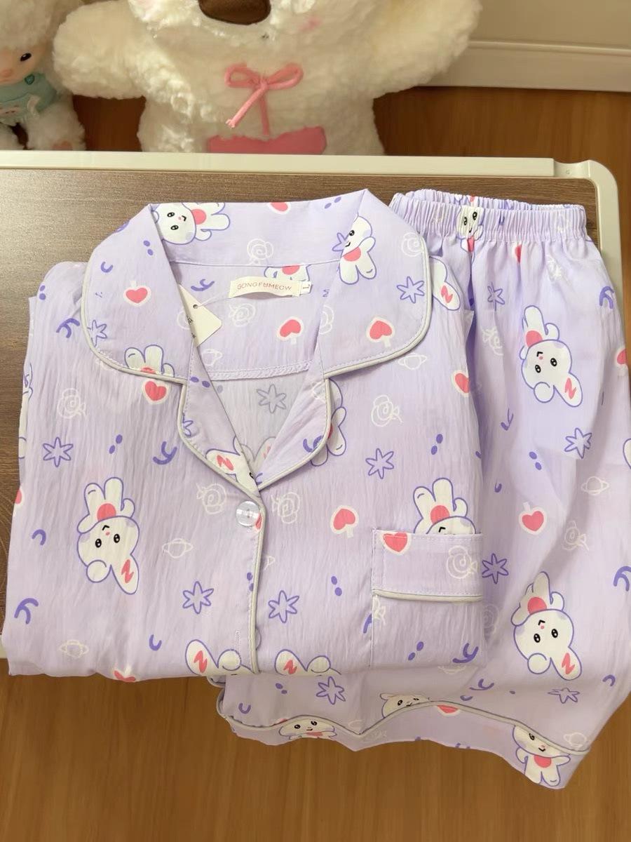 

Internet celebrity purple moon rabbit pajamas women s summer short-sleeved shorts cardigan two-piece women s casual loungewear S