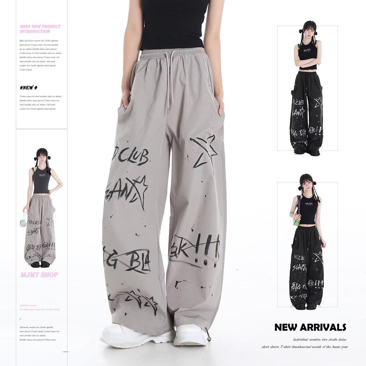 

Women s Autumn Wide-Leg Graffiti Sweatpants: Street Style Hip Hop Trousers Extra Large сірий колір