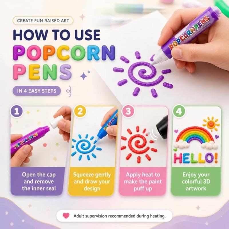 Popcorn Pens, 3D Puffy Art Kit for Kids, Magic Bubble Drawing Pens(1PCS) | Create Raised Designs with Heat-Activated Effects
