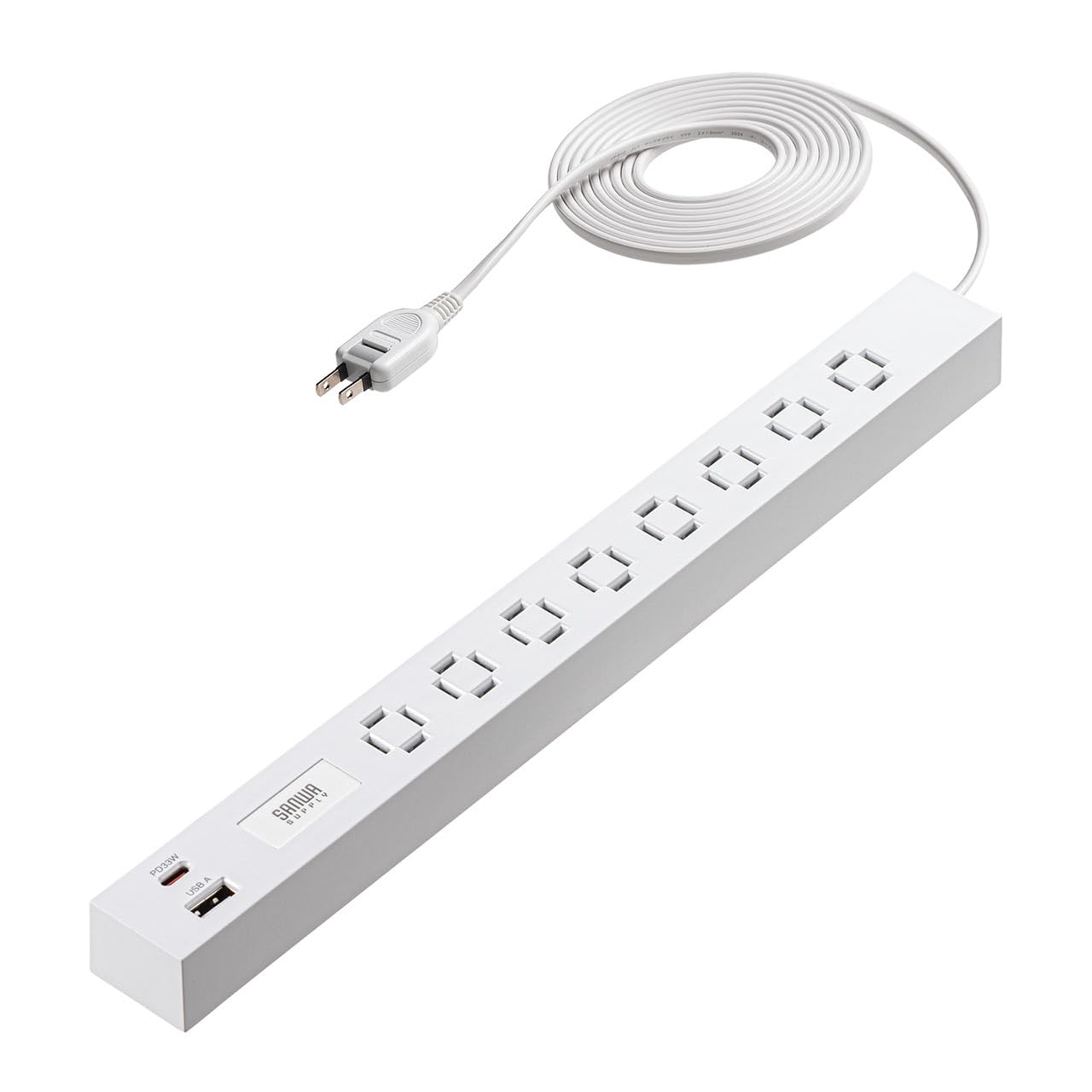 

Sanwa Direct 3m Slim Power Strip with USB, AC, 8 Outlets, Type-C to USB-A, Fast Charging, Insulated Cap, Swing Plug, White, 700-TAP082-3W