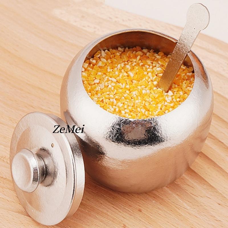 Silver Seasoning Jar,Pure Titanium With Lid and Spoon Spice Container Salt Organizer,Coffee Beans Storage Jar,Kitchen Tools