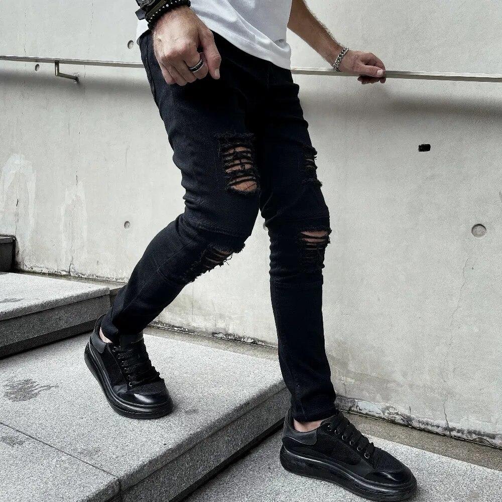 Men High street Hip hop Style Ripped Skinny Pencil Jeans Men Stylish Slim Holes Casual Denim Pants