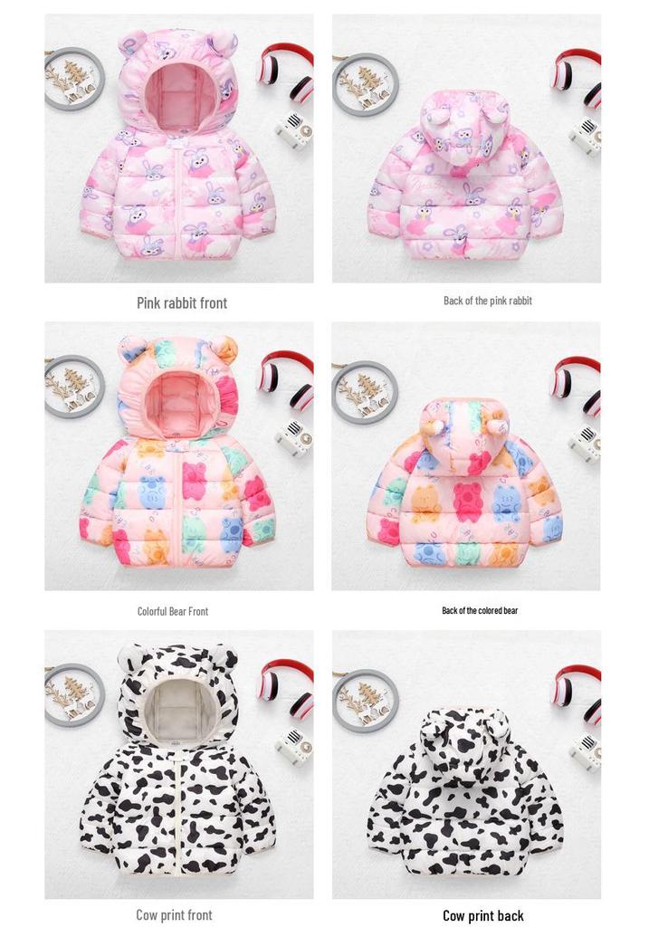 2025 Herbst/Winter Daunenjacke im Cartoon-Stil für Babys, mit Fleece gefüttert, kurze & dicke warme Baumwolljacke für Kleinkinder