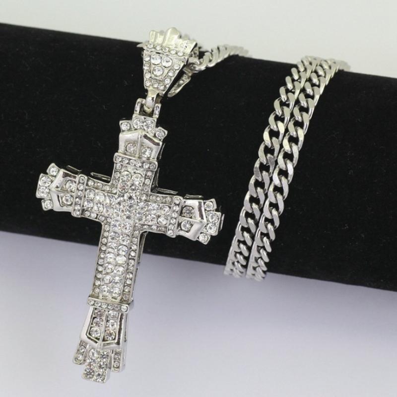 Unique Hip Hop Inlaid  Exaggerated Retro Cross Pendant Men Necklace Jewelry Accessries