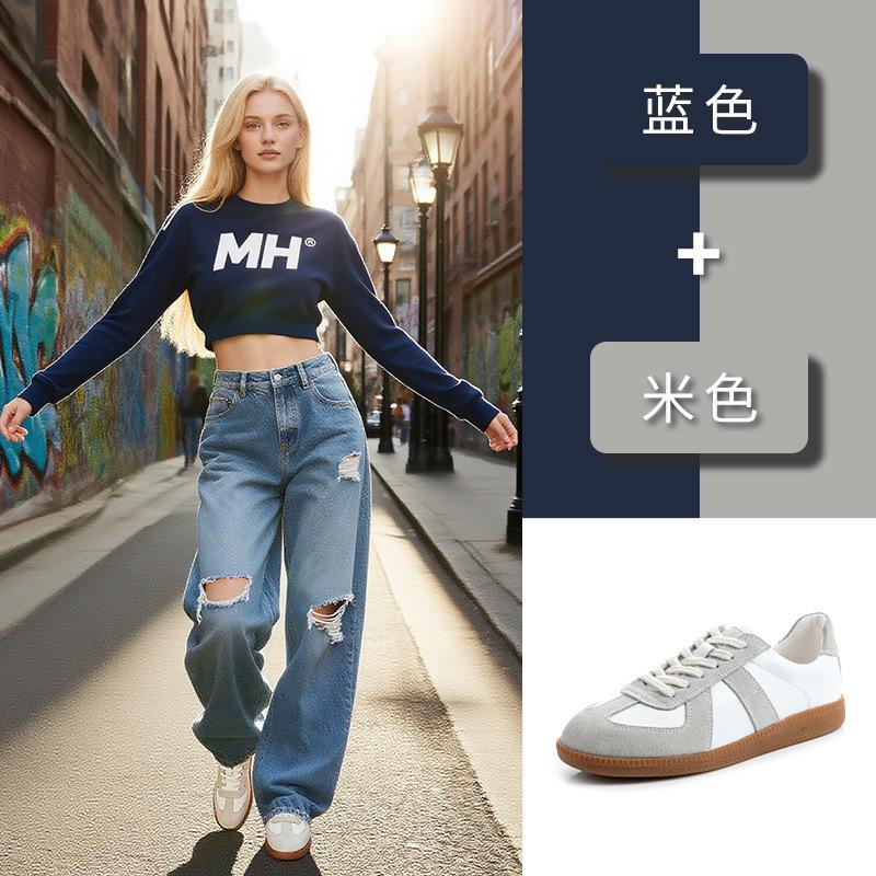 2025 New Leather Women's Shoes Sports Versatile Single Shoes Women's Autumn White Shoes Women's Casual Flat-bottomed German Training Shoes Tide