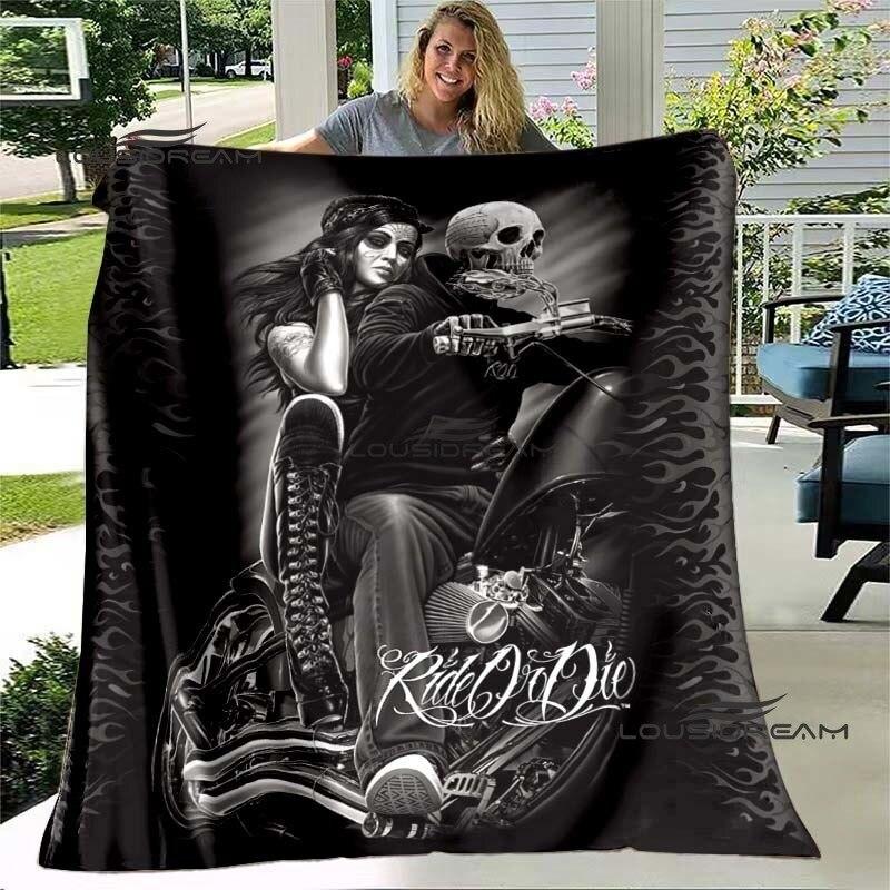 Deka na motorku Skeleton Ride or Die Skull Flanelová načechraná plyšová deka, dárky pro přátele, prostěradlo Sofa Travel Camping Deka