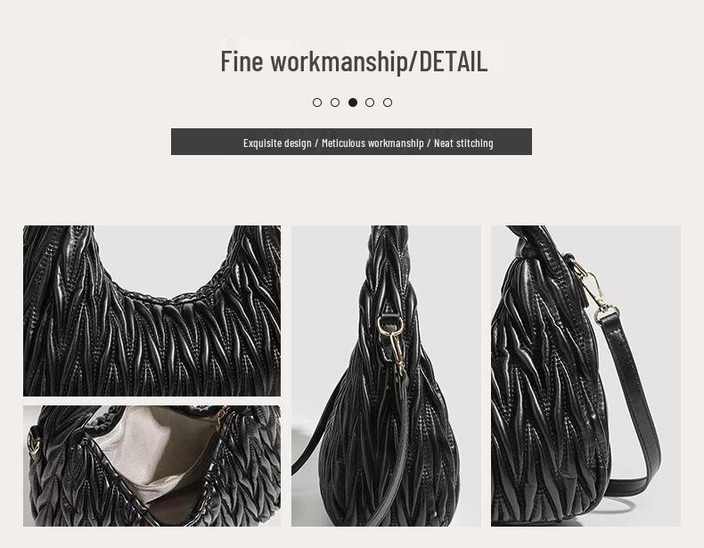 Women's Black 3D Pleated Crescent Crossbody Bag