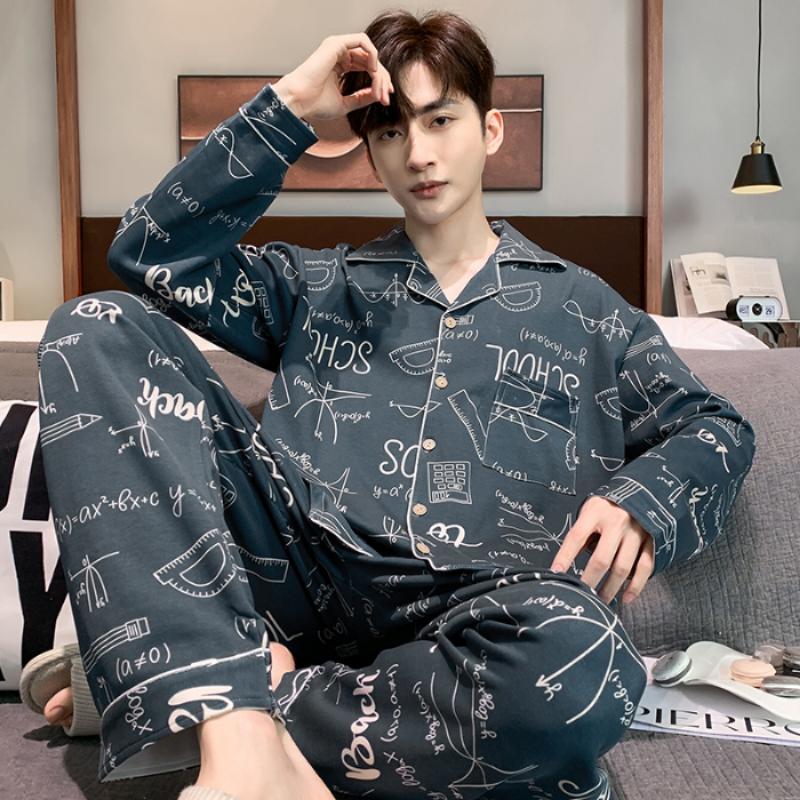 Faux Cotton Print Men's Pajamas Korean Ins Autumn Male Nightwear  Long Sleeve+pant Home Set