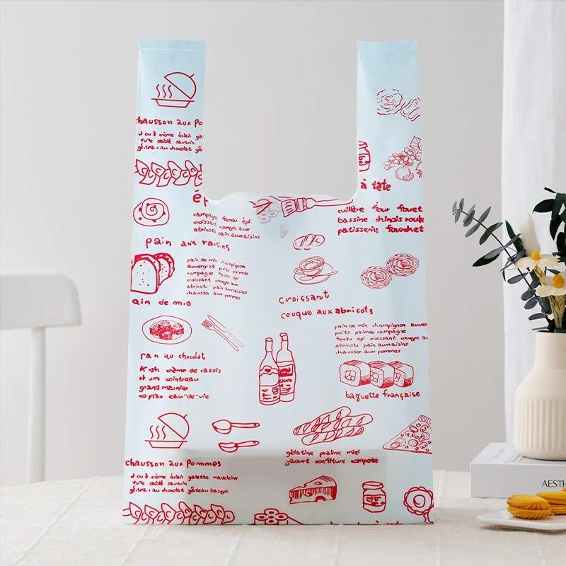 50pcs Disposable Peach Fruit Pattern Hand Bag Packaged Flower Takeaway Bags Snack Double Ear Plastic Vest Handle Shopping Pouch