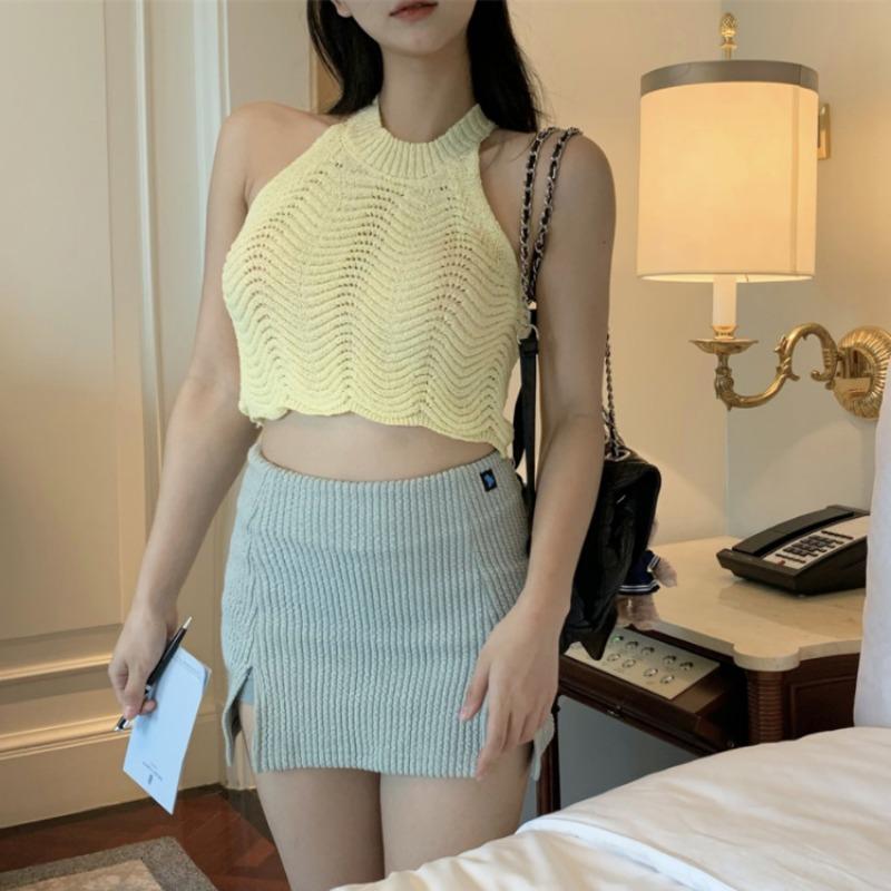 Sweet Spice I Knit Little Tank Top with Halter Women Summer Sleeveless with Off-the-shoulder Base Short Top To Wear