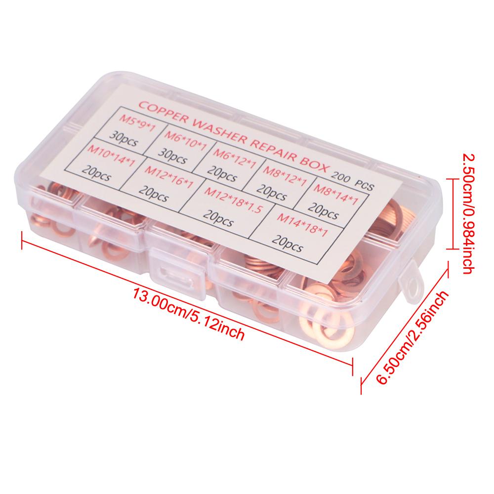 Copper Washer Gasket Flat Fitting Washers M5/M6/M8/M10/M12/M14 Nut and Bolt Set Flat Ring Seal Assortment Kit 200pcs