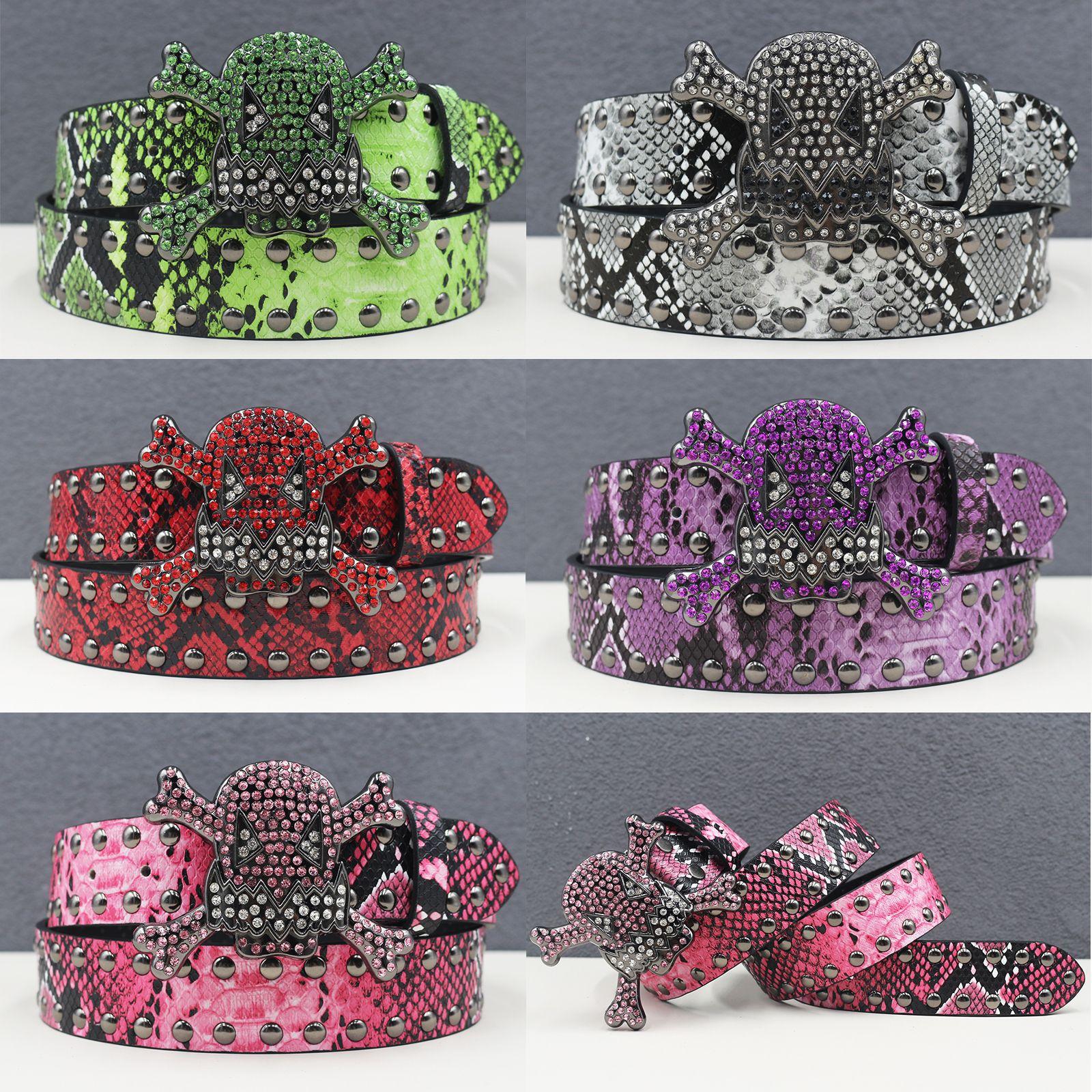 Writing A Notebook Women's American Rhinestone Skull Belt Rivet Punk Decoration Men And Belt Abi Decorative Python Pattern Belt 115Cm