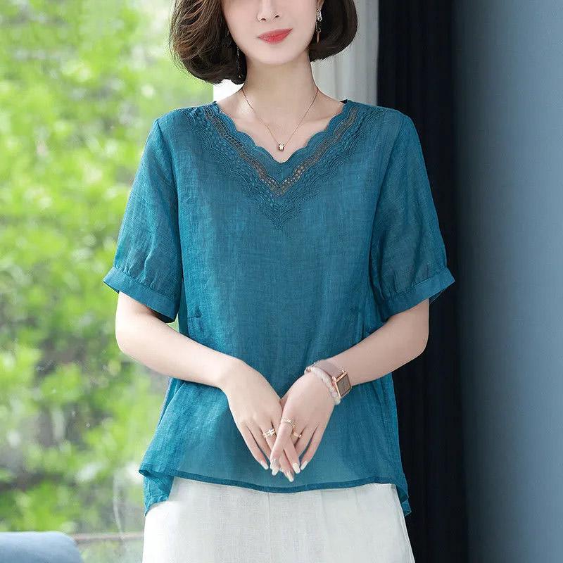 T-shirt for Women Summer Large Size Cotton T-shirt Soft Loose V Neck Casual Comfortable Pullover T-shirt Top