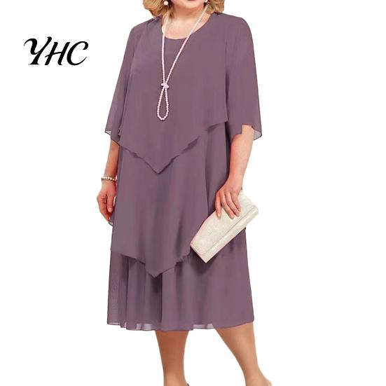 Layered Hem Flowy Dress Women Spring Summer Midi O-neck Half Sleeve Party Wedding Guest Elegant Chiffon