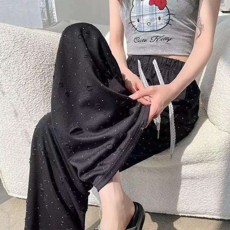 Damen Sommer locker Eis Seide zerrissen Strass Weites Bein Hose Übergröße