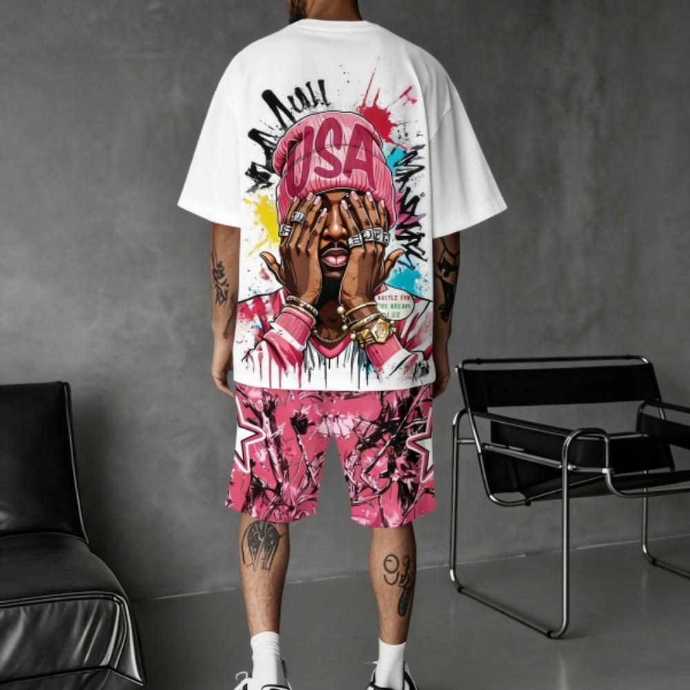 Men's Set Funny Anime Printed Men's T-shirt and Shorts 2 Piece Set Summer Casual Outdoor Men's and Women's Outfit Men's Clothing