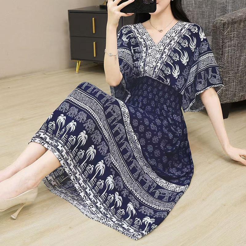 25th Anniversary Ethnic V-Neck Rayon Short Sleeve French-Thai Print Holiday Dress for Women