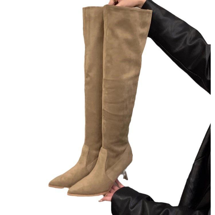 High-heeled Khaki Knee-piled Boots Women's Shoes 2024 New Autumn and Winter Pointed Thin Long Boots