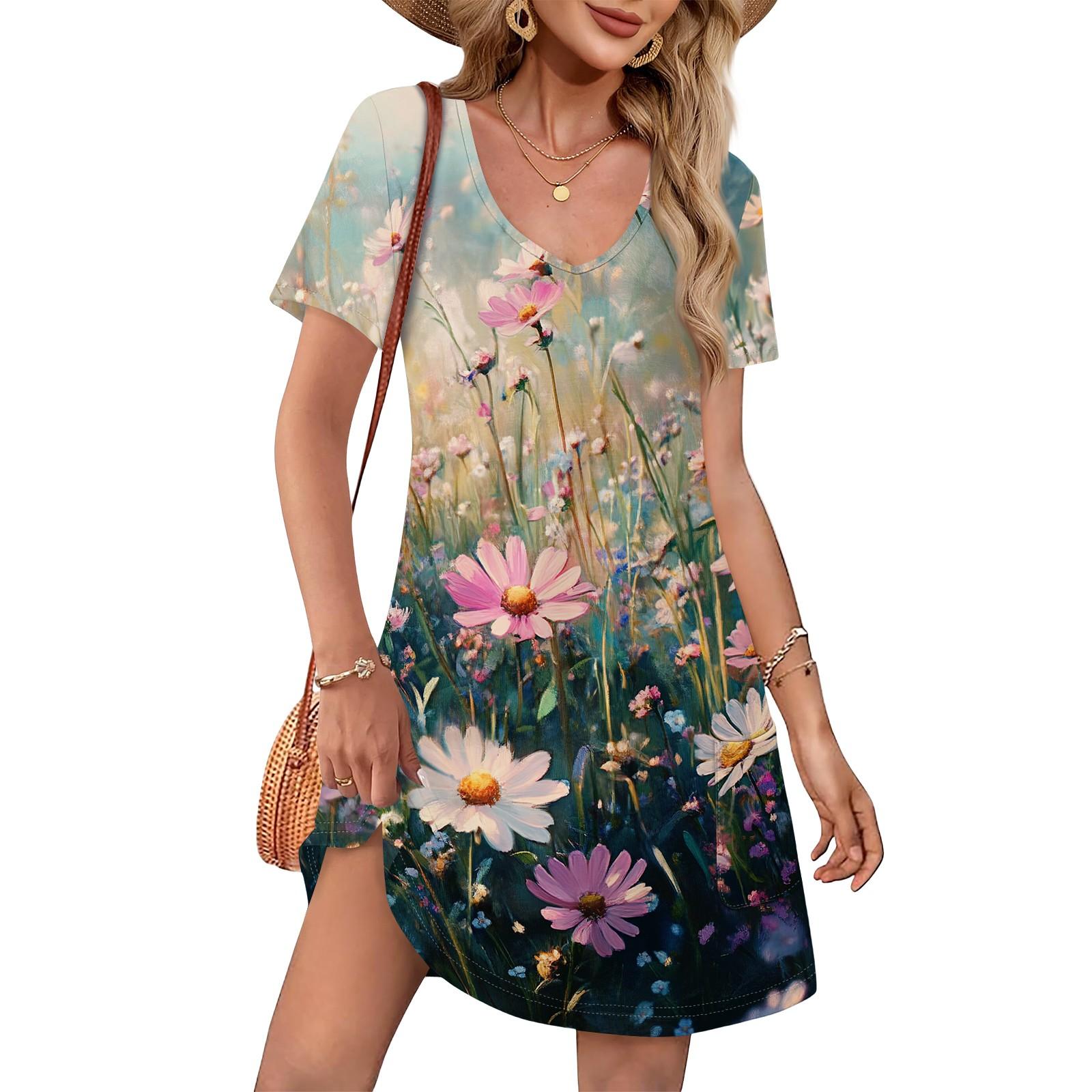 

Летние платья для женщин, свободные повседневные платья с V-образным вырезом и коротким рукавом, сарафаны, купальники, накидки с карманами M