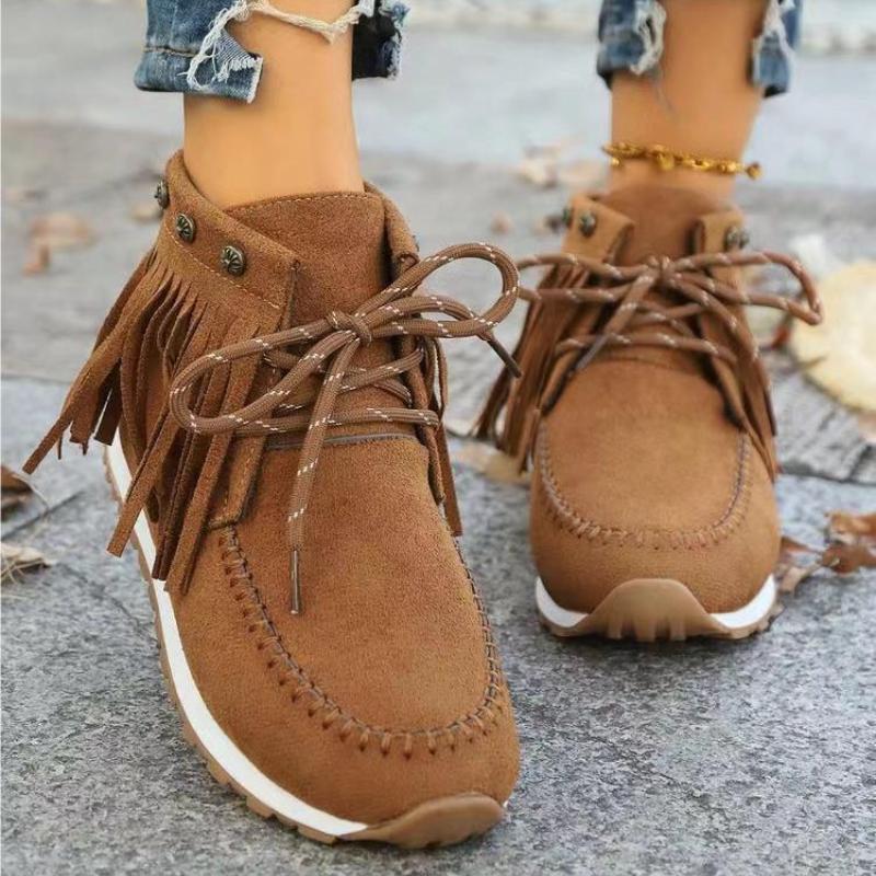 Winter Women Ankle Boots British Style Tube Frosted Tassel Boots Pop Tide Lace-Up Boho Boots Women Cowboy Shoes Botas Mujer
