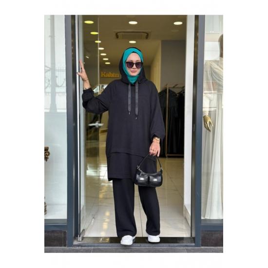 Women's Hooded Zippered Sleeves Elastic Wide Leg Pants Suit