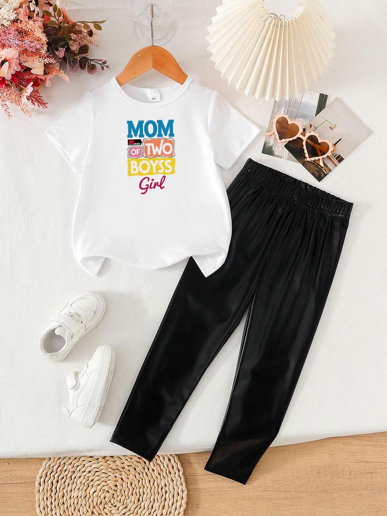Summer Girls' Fashionable Two-Piece Clothing Set: Short Sleeve Top & Printed Long Pants
