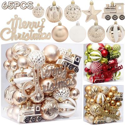 65PCS Champagne Gold Christmas Ball Decorations Matte Glossy Water Ripple Design Xmas Balls Christmas Tree Ornaments Home Decor