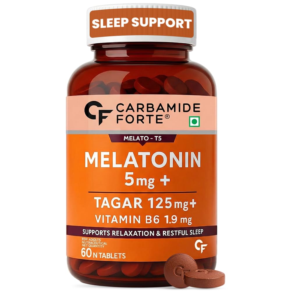

Carbamide Forte Melatonin 5 mg Sleep Support Tablets With Tagar & Vitamin B6 Restful Night Formula 60 Veg Tablets