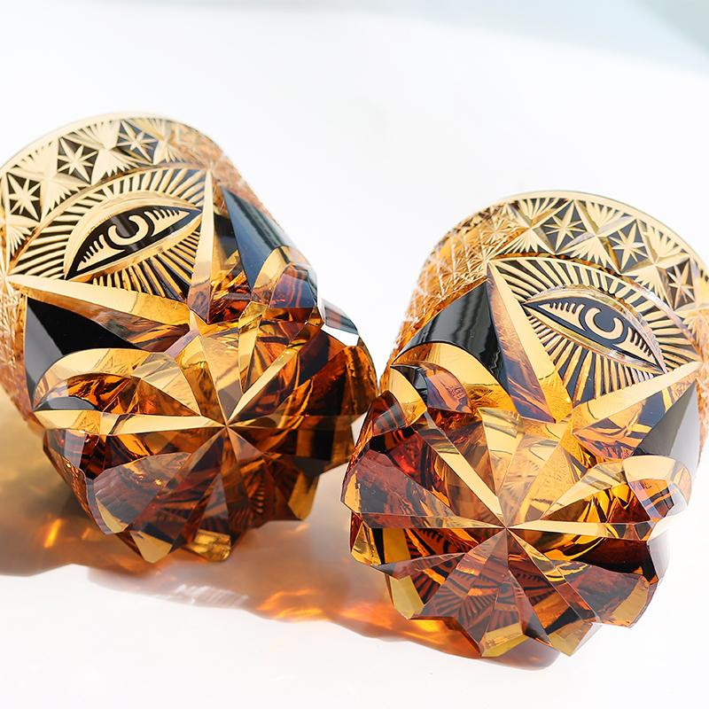 220 Ml New Edo Kiriko Hand Engraved God'S Eye Whiskey Tumbler Amber Luxury Man'S Style Heavy Black Old Fashioned Glass