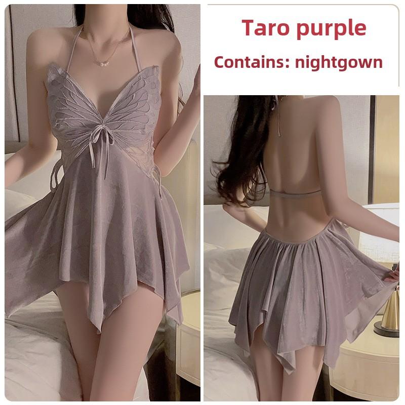 Sexy Backless Velvet Plus Chest Pad Pure Desire Suspender Nightdress Robe Loungewear Set