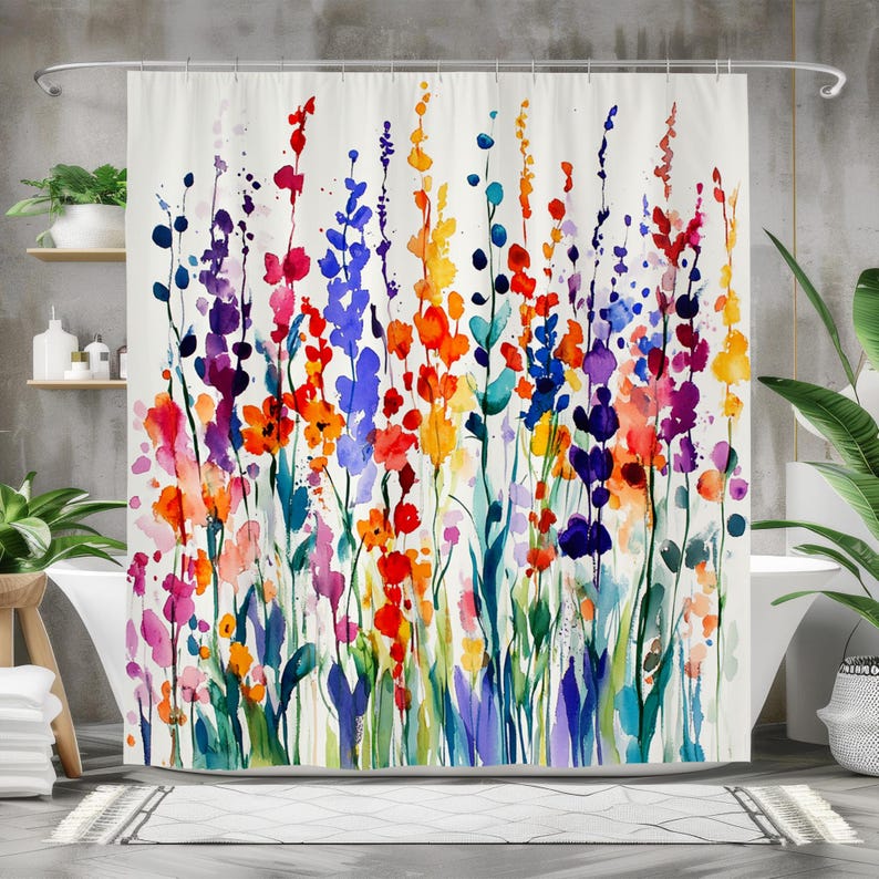 

Colorful Watercolor Floral Shower Curtain with White Red Blue Green Design, Modern Bathroom Decor for Artistic Style 90x180cm35x71in